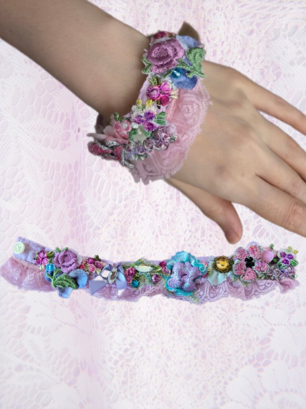 Handmade Romantic Lace & Beaded Cuff Bracelet Pink Floral Dollette Fairycore